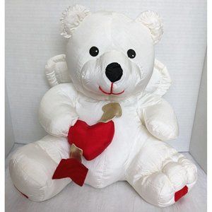 Vintage 90s Nylon Bear Plush Valentine Cupid International Silver Stuffed Heart